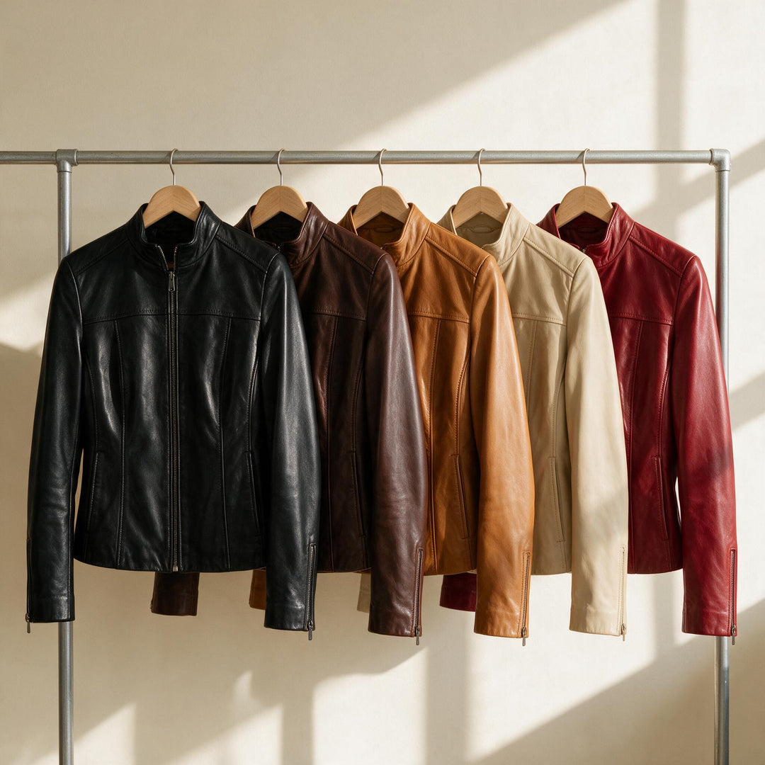 Five Ruby leather jackets in different colors hanging on a rack