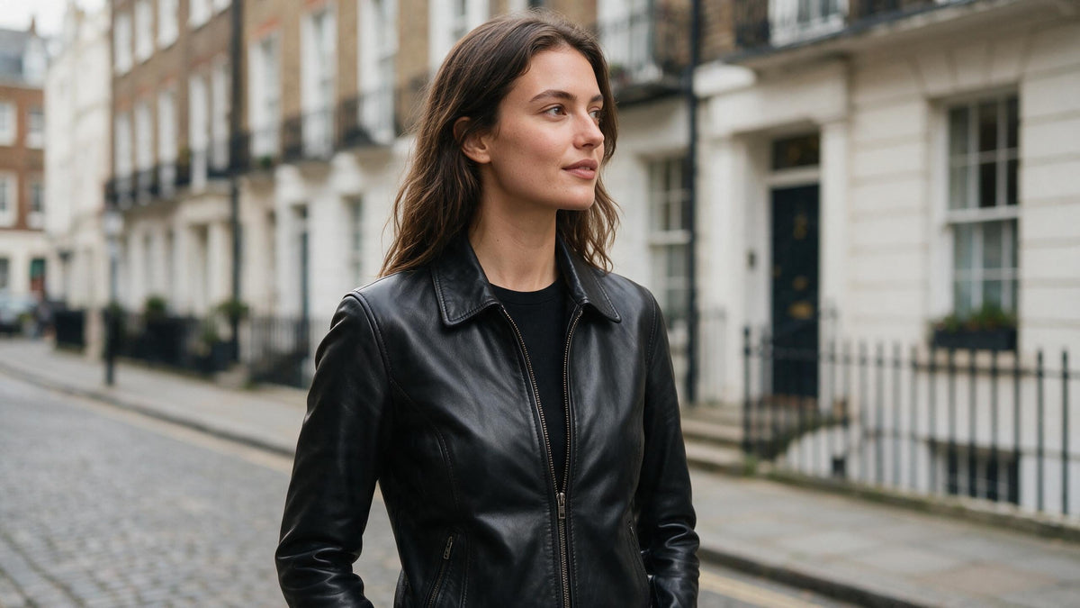 Woman wearing a black leather jacket